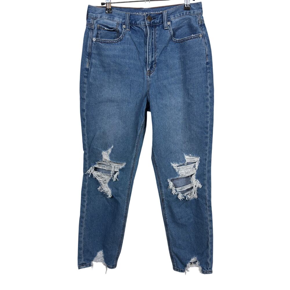 American Eagle Mom Jeans Womens 8 Blue High Rise Distressed Raw Hem Tapered